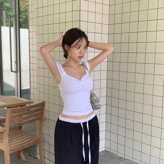 Lace Puff Half-Crop Sleeveless Blouse