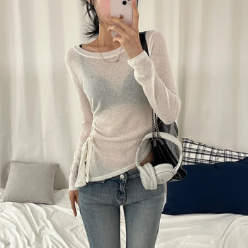 [Super Slim Fit/No-Weight Loss Item] Heathered Shirred Asymmetrical See-through Long Sleeve Knit Top (4 colors)