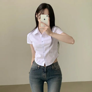 Basic Plain Collared Crop Short Sleeve Shirt That Makes Your Figure Look Beautiful