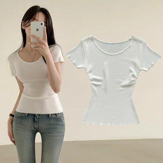 Figure-Beautiful Cool Summer U-Neck Side-Shirred Short Sleeve Knit