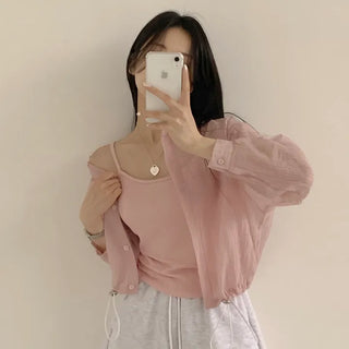 Effortless Chic, Summer Gauze See-through Pocket String Crop Long Sleeve Shirt + Sleeveless Layered Two-Piece Set