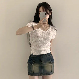 Slim Fit, Cotton Cable Knit Round Slim Crop Short Sleeve Knit