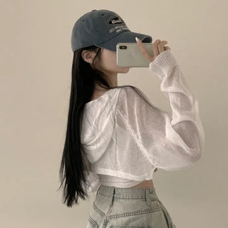 A fit you'll want to protect, Summer Boucle Hooded Bolero Strap Cropped Long Sleeve Knit Cardigan