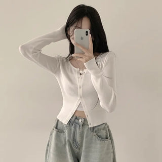 Delicate Fit Covering the Back of the Hand, Summer Ribbed Round Slim Crop Long Sleeve Knit Cardigan