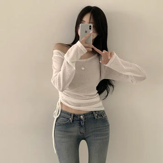 Delicate Fit Covering Back of Hand, Lip Neck Off-Shoulder See-through Long Sleeve T-shirt with Diagonal Side Shirring
