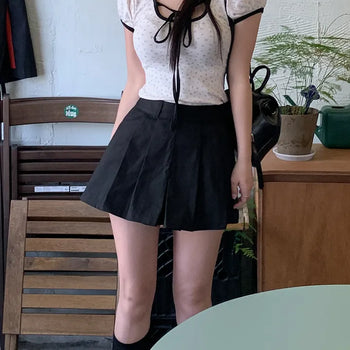 Flower Color Block Puff Ribbon Short Sleeve T-shirt