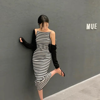 Shannon Boatneck Striped Slim Stretch Sleeveless Long Dress