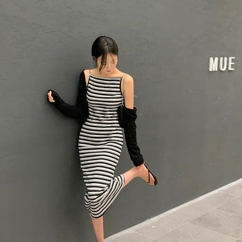 Shannon Boatneck Striped Slim Stretch Sleeveless Long Dress
