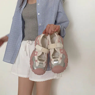 Autumn Gorpcore String Sneakers Metallic Silver Pink Mesh Velcro Mary Jane Sneakers Ugly Blockcore Shoes