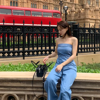 Top banding denim jumpsuit