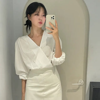 Hez Shirred Wrap V-Neck Puff Banded Crop Blouse Wedding Guest Look