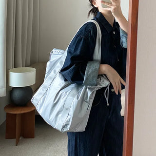 Shiny Big Shopper Bag Nylon Padded Bag   Daily Travel Square Shoulder Bag Silver Bag