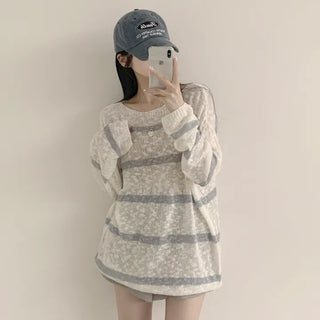 Full of Pretty, Boucle Lip Neck Striped Loose Fit Long Sleeve Knit