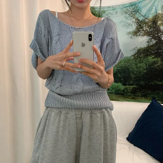 [Lip Neck ver] Boucle Summer Autumn Off-Shoulder Short Sleeve Knit (5 colors)