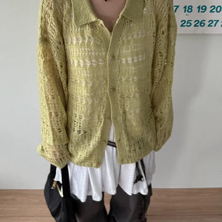 Unisex Collared Netting Cardigan