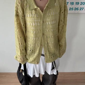 Unisex Collared Netting Cardigan