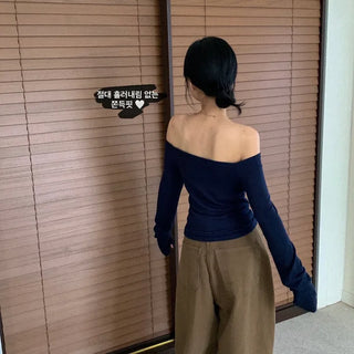 [Burnout Look~/Slim Fit] Slit Off-Shoulder Long Sleeve T-shirt (4 colors)