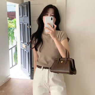 Spring Soft Cap Sleeve Turtleneck Mock Neck Short Sleeve Knit