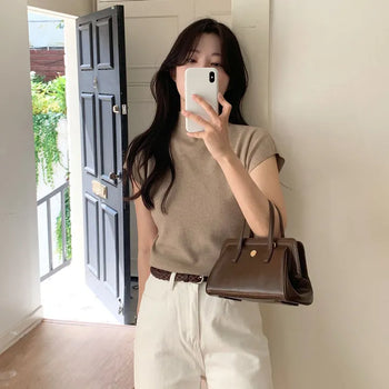 Spring Soft Cap Sleeve Turtleneck Mock Neck Short Sleeve Knit