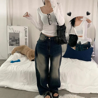 [Slimming Look/Slimming] Back Slit Square Neck Long Sleeve T-shirt (5 colors)