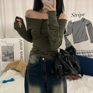 [Slim Fit/Single Look/No Slipping] Striped Off-Shoulder T-Shirt (3 Colors)