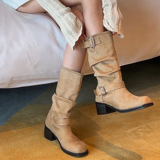 Febine Shirred Buckle Mid-calf Boots [5.5CM]