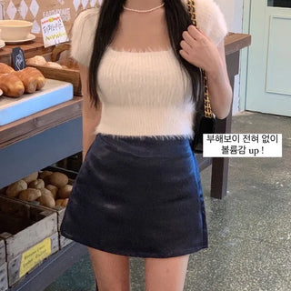 Late Angora Square Neck Crop Short Sleeve Knit