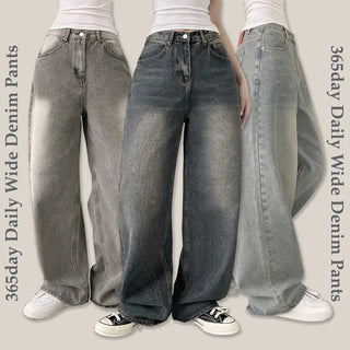 A 365-Day Must-Have! Semi-High Waist Washed Straight Wide Denim Pants