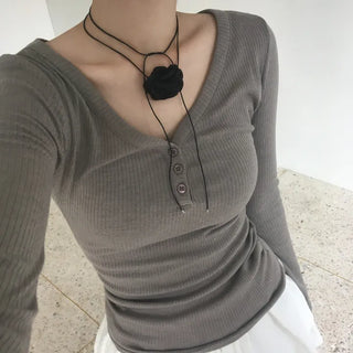 V-neck Button Long Sleeve Tee