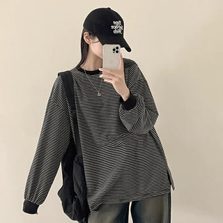 Timeless Basic, Fine Stripe Boxy Slit Long Sleeve T-shirt