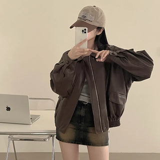 Autumn-inspired Leather Collar Pocket Boxy Jacket Jumper