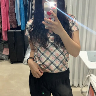 Velvet check short-sleeve hoodie