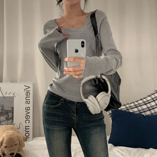 [Square Neck ver] Autumn Daily Basic Plain Loose Fit Slim Fit Long Sleeve T-shirt (6 colors)