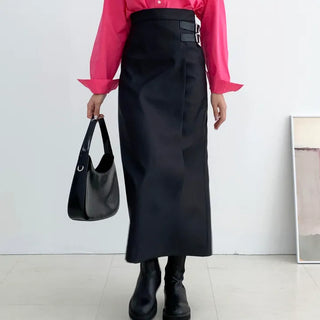 Buckle Long Skirt High-Waisted Strap Slit Back Slit Maxi Long Tall Woman Wedding Guest Look