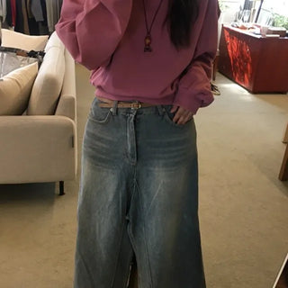 Front-slit denim long skirt