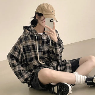 A Spoonful of Autumn Vibes, Check Hooded Oversized Long-Sleeve Shirt