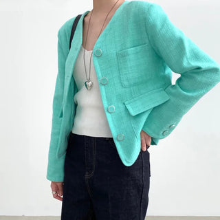 Unique Color Collarless Tweed Jacket Semi-Crop Transitional Jacket Spring Outerwear