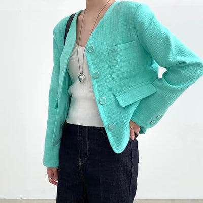 Unique Color Collarless Tweed Jacket Semi-Crop Transitional Jacket Spring Outerwear