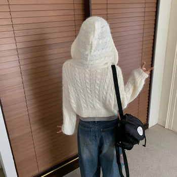 [Oversized Fit / No Shedding!] Autumn Cable Knit Crop Two-Way Zip-Up Hoodie (6 colors)