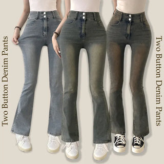 Leggings-Comfortable, Two-Button Vintage Washed Stretch Semi-Bootcut Denim Pants
