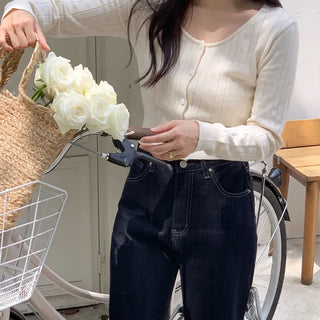Spring U-Neck Long Sleeve Perforated Cardigan