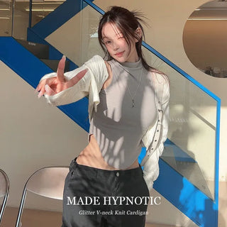 [MADE: In-house Production] Glitter V-neck Crop Knit Cardigan