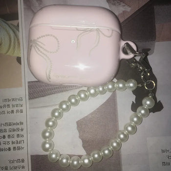 Purin Pearl Keyring Set Ribbon Pink AirPods Case