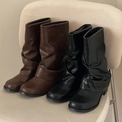 Telib Leather Shirred Mid-calf Boots [4CM]