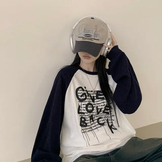 A Distinct Point! Contrast Raglan Waffle Lettering Boxy Sweatshirt