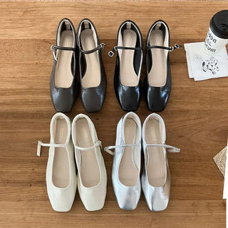 Leather Mary Jane Side Buckle Ballet Shoes Flat Shoes Square Leather Shoes