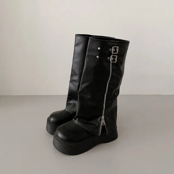 ◈6cm◈Calf Cover◈Platform Warmer Long Boots Wide Big Size Block Heel Height-Increasing Round Biker Chunky Recommended for Curvy Shoes