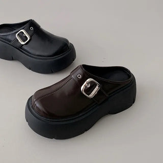 ◈7cm◈Platform Mule Buckle Slipper Vintage Unique Height-Increasing Block Heel Round Loafer Four-Season Shoes