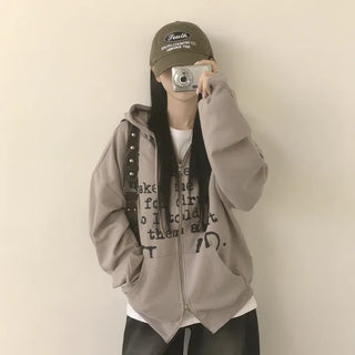 Vintage Lettering Two-Way Boxy Zip-Up Hoodie
