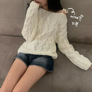 [New Autumn Arrival/Delicate~] Cable Knit Oversized Off-Shoulder Long Sleeve Knit (4 colors)